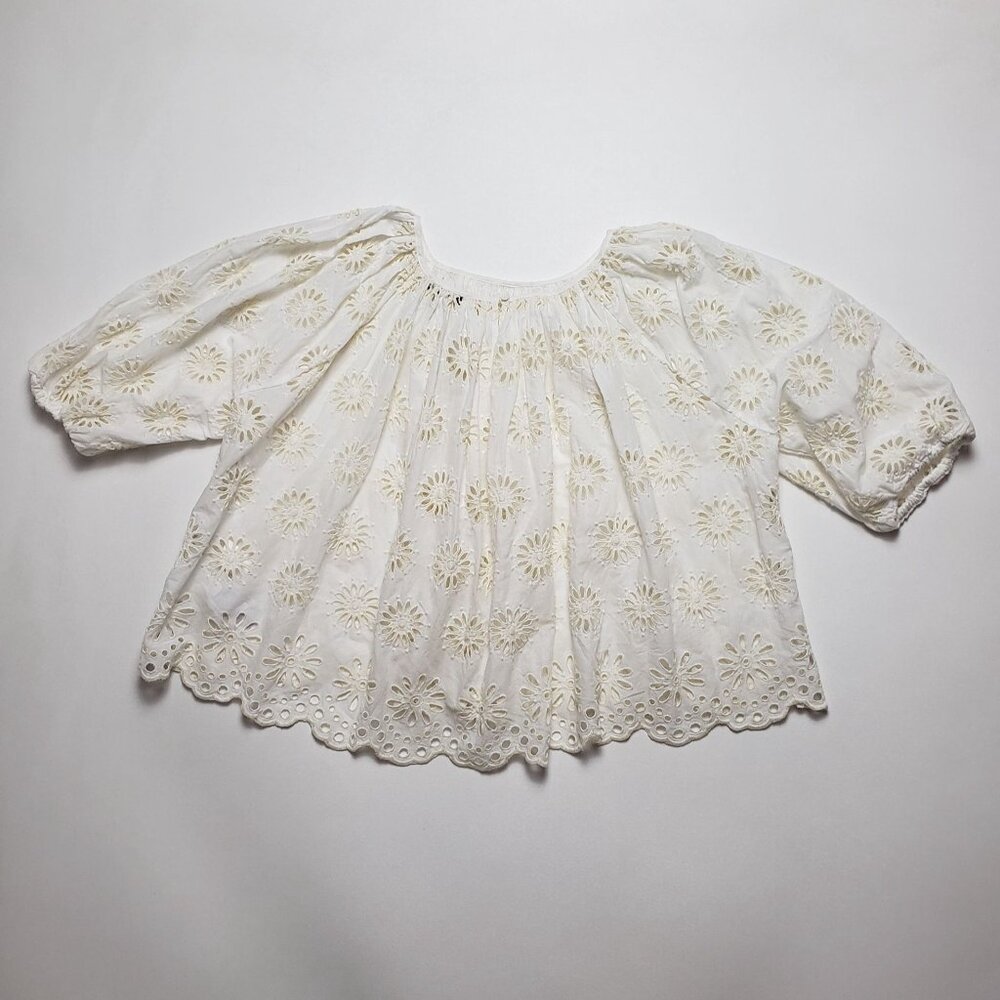 Madewell Embroidered Shirred Puff-Sleeve Top Women's Small Ivory Floral Eyelet - Picture 6 of 16